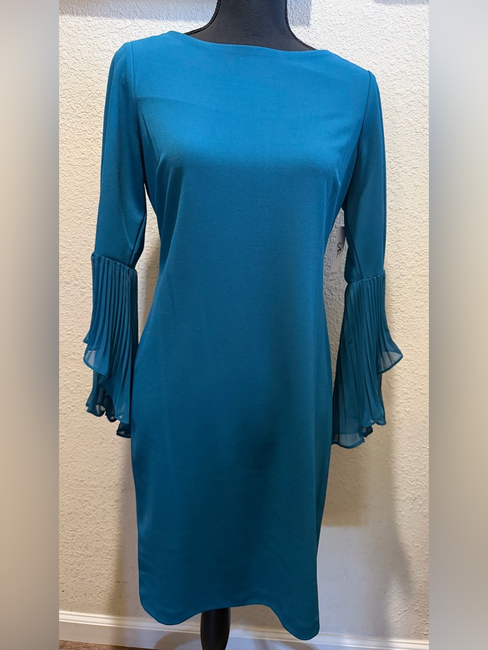 New Shelby & Palmer Teal Long-Sleeve Shift Dress with Pleated Bell Cuffs